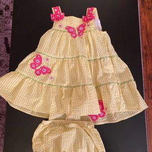 Yellow and white gingham dress and bloomer set